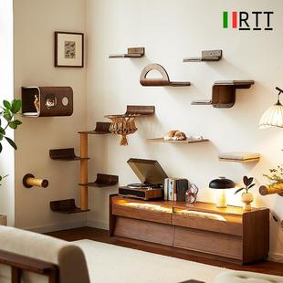 RTT黑胡桃实木猫爬架猫窝一体墙壁式不占地实木猫抓柱猫跳台