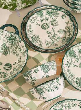 餐具全套感碗陶瓷饭碗玫瑰送礼碗碟套装家用高级绿色釉下彩碗盘具