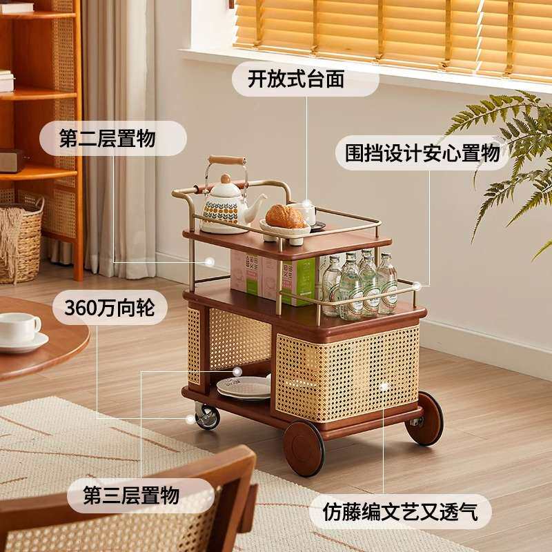 实木藤编小推车客厅沙发边几收纳置物架可移动侧边柜中古餐车