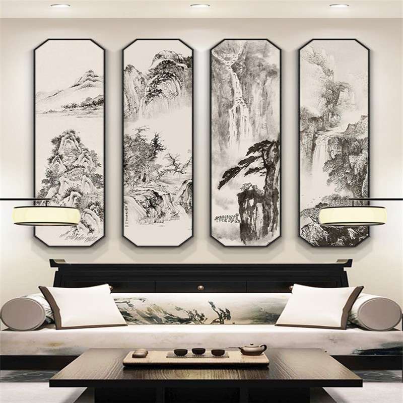 新中式客厅中堂装饰画水墨山水风景挂画四联画书房玄关壁画八边形