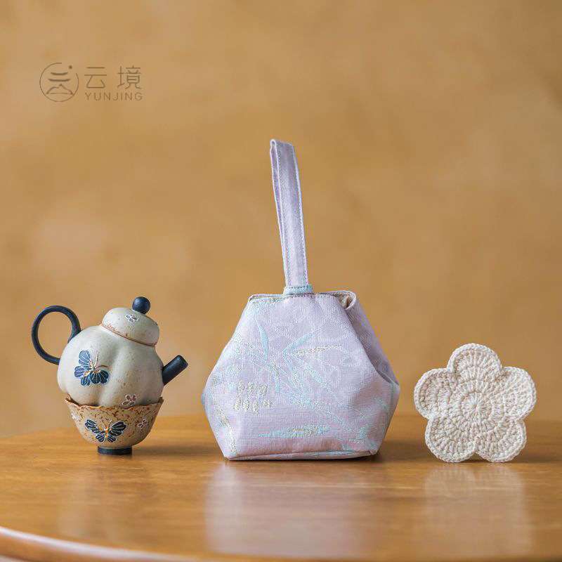 青花火石红幻色蝶南瓜壶旅行茶具套装便携式一壶一杯茶具收纳袋