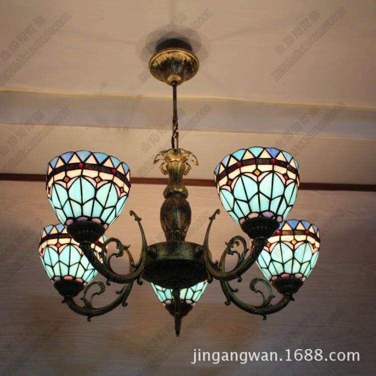 厂家蒂凡尼地中海灯具客厅灯卧室餐厅灯5头彩色玻璃艺术创意吊灯