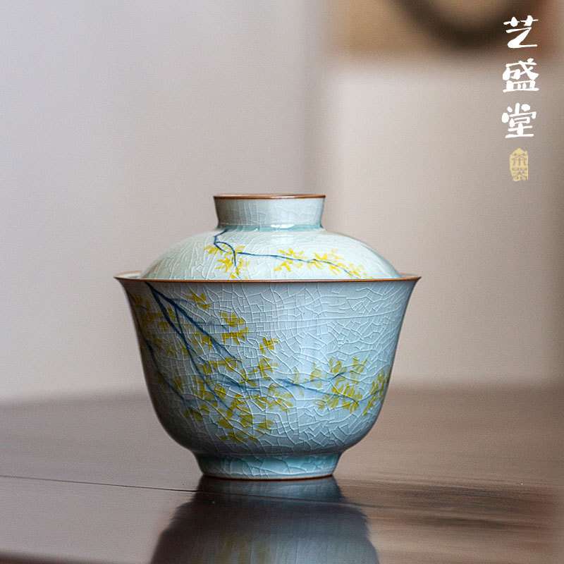 手绘盖碗釉下彩开片可养单碗陶瓷二才茶碗手工拉胚中式木香花系列