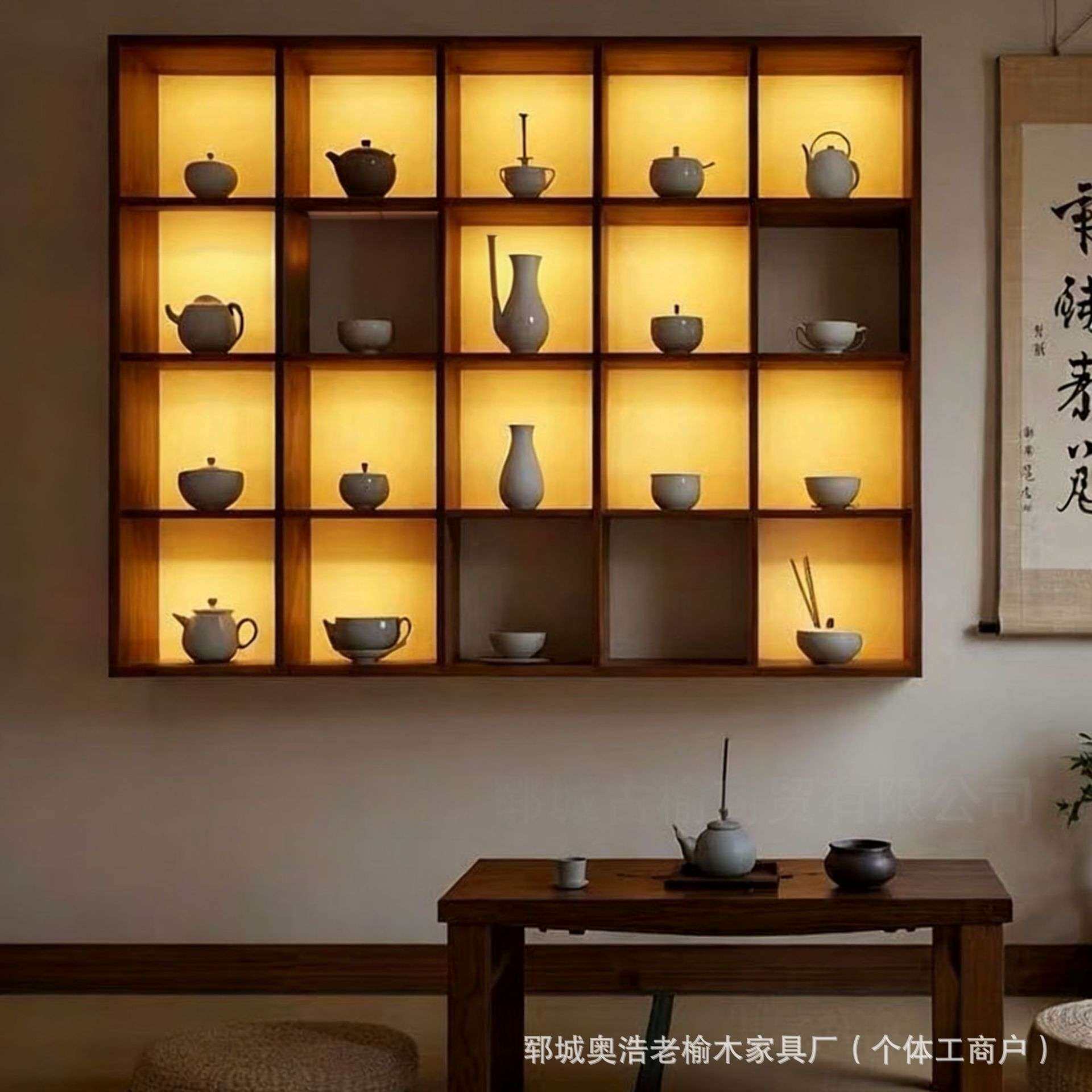 老榆木博古架多宝阁壁挂装饰架古典中式实木多格瓷器建盏摆放架