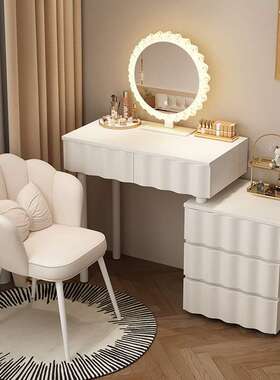 Yla奶油风梳妆台现代简约收纳柜床头柜化妆台一体书桌伸缩化妆桌