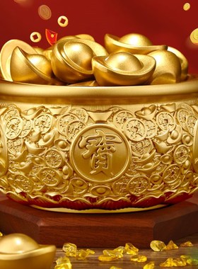 纯黄铜元宝聚宝盆摆件财源滚滚财B位办公室招财黄铜米缸生财存钱