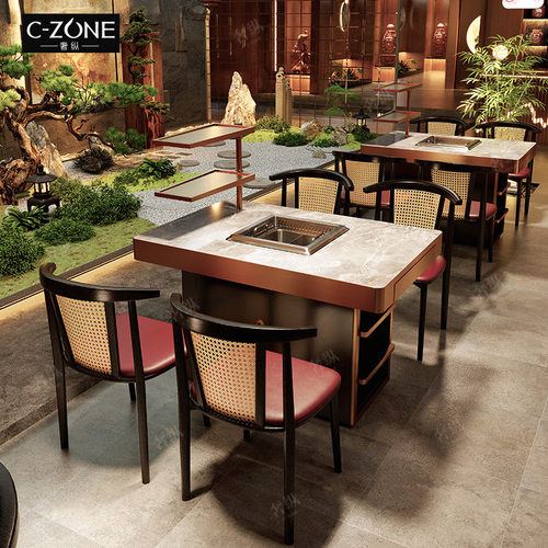 厂家定制火锅桌椅饭店烤肉店岩板电磁炉商用桌海鲜酒楼餐厅藤编椅
