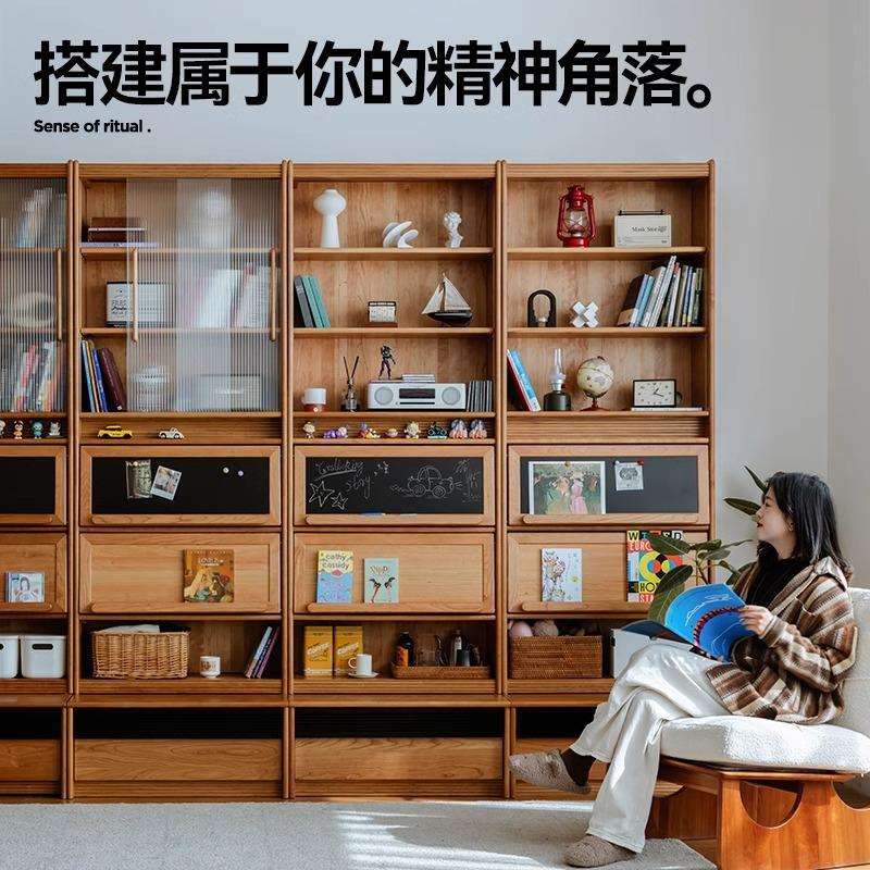 春藤书柜樱桃木整墙一体组合卡座书柜去客厅实木落地满墙书柜