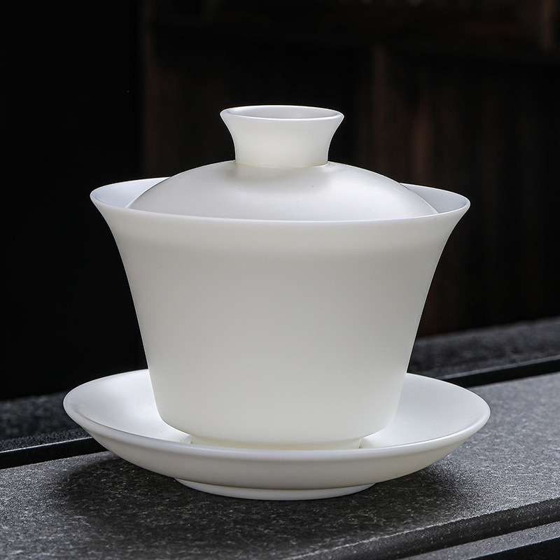 陶瓷盖碗 素烧羊脂玉三才碗纯白敬茶碗单个泡茶器小号3.8寸猪油白