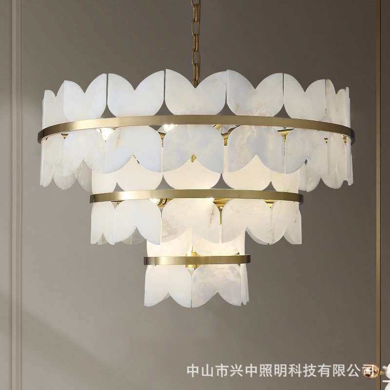 后现代简约客厅云石吊灯别墅复式楼LOFT餐厅铜灯全铜轻奢卧室灯具