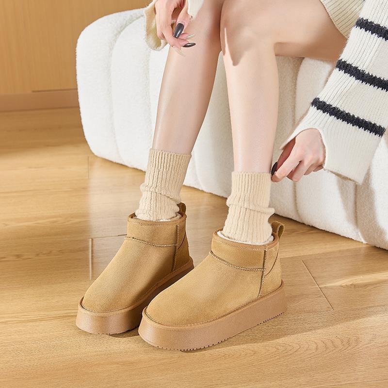 厚底内增高雪地靴女款2025新款冬季加绒加厚短筒皮面防水雪地棉鞋