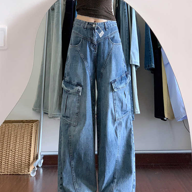 复古水洗重工拼接阔腿牛仔裤女2025秋季新款高腰拖地宽松工装裤子