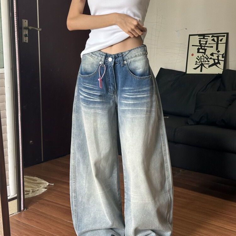 高个子加长版口袋刺绣阔腿弯刀牛仔裤女低腰宽松显瘦直筒拖地裤子