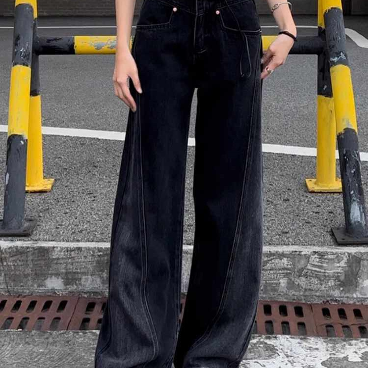 黑色阔腿牛仔裤女夏秋季2025年新款高腰显瘦宽松小个子直筒长裤子