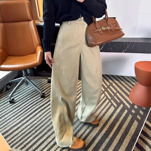 圣保维丽遮胯卡其色工装弯刀裤女新款新款松弛感宽松阔腿牛仔长裤