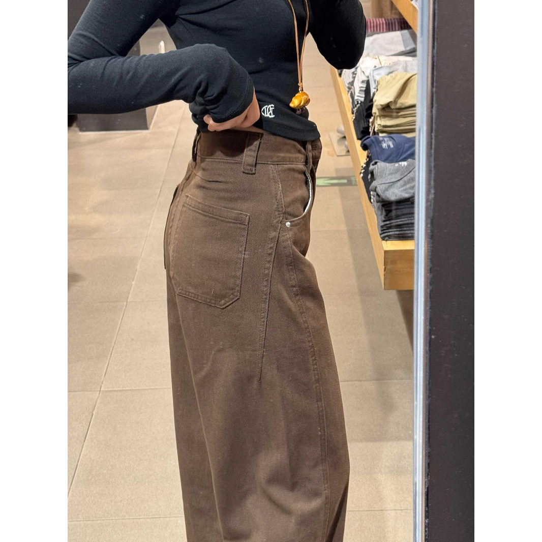 咖色直筒牛仔裤女2025秋冬新款高腰宽松显瘦立体裁剪窄版弯刀裤子
