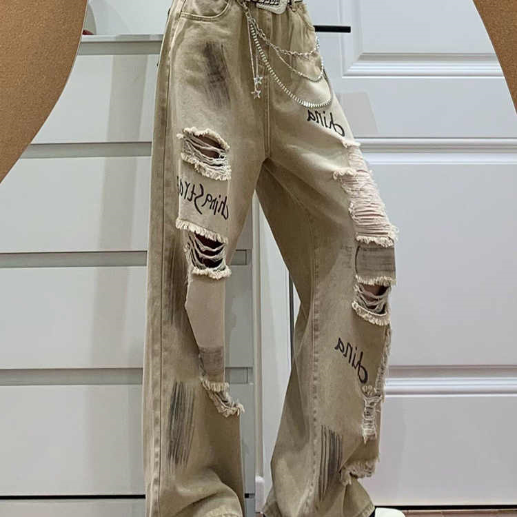 美式高街涂鸦破洞牛仔裤女夏季新款印花设计宽松直筒裤宽松拖地裤