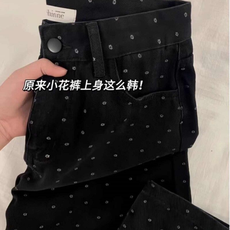 黑色波点牛仔裤女2025夏季新款大码高腰遮胯直筒裤加长碎花阔腿裤
