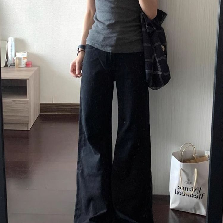 黑色不贴腿微喇牛仔裤女2025春季新款高腰显瘦加长宽松阔腿拖地裤