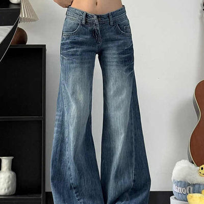 美式复古磨白低腰牛仔裤女