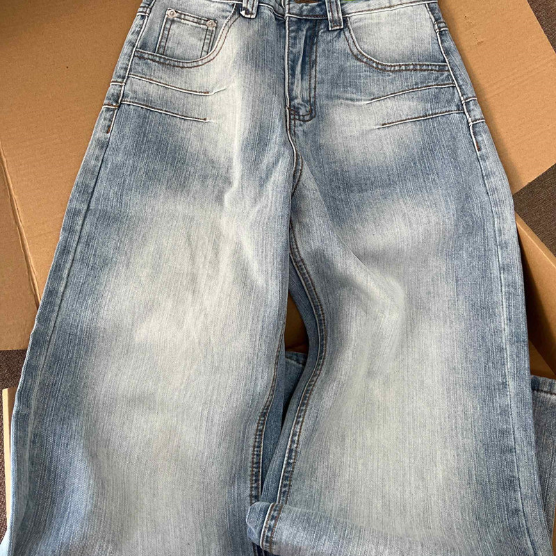 美式复古弯刀阔腿牛仔裤女夏秋季设计感胖mm宽松显瘦直筒拖地裤子