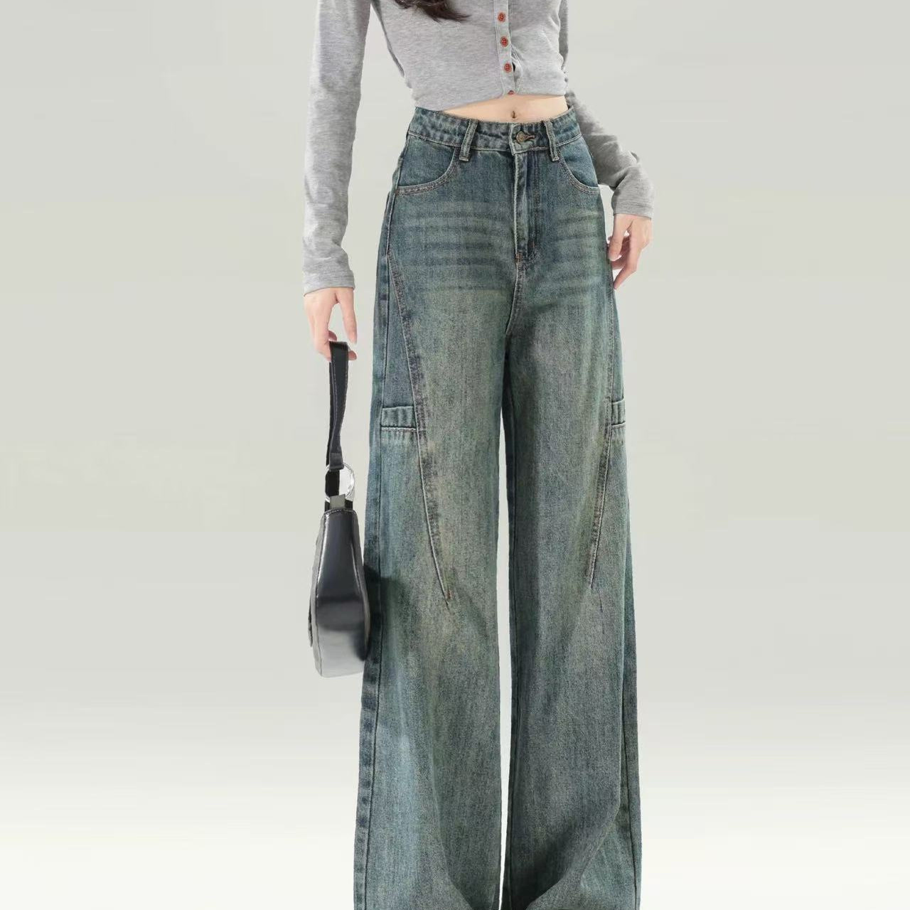 美式复古高腰阔腿牛仔裤女2025秋季新款解构设计宽松直筒弯刀裤子