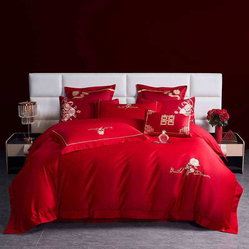 新款婚庆四件套AB版磨毛双面亲肤棉多件套绣花双人被套南通家纺