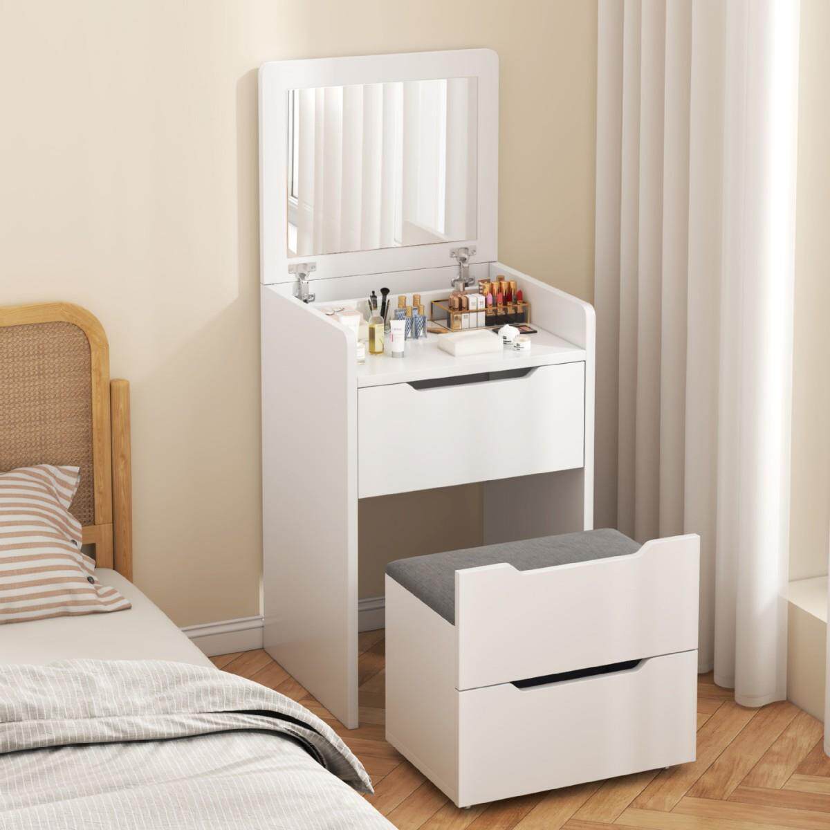 梳妆台镜子可隐折叠收纳柜一体卧室现代简约翻盖化妆桌网红化妆台