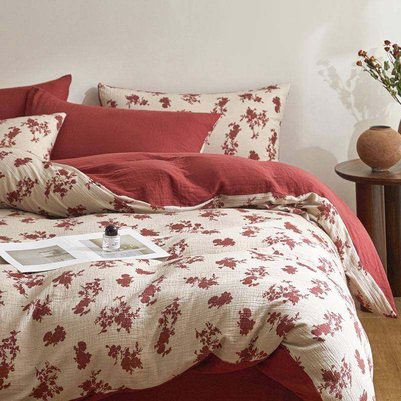 A类轻奢全棉双层皱皱纱床上四件套纯棉被套床单床笠款床品三件套