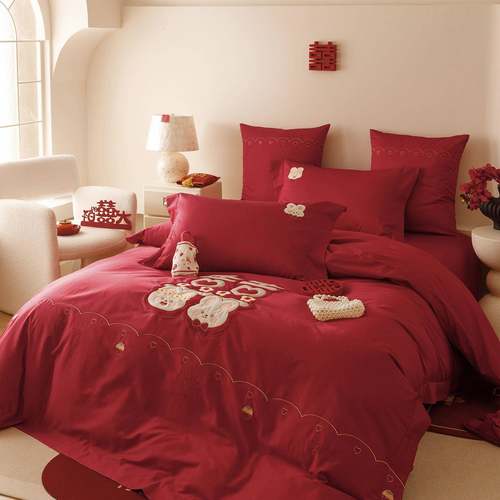 新中式结婚纯棉床上用品婚房布置100S长绒棉四件套刺绣红床单被套