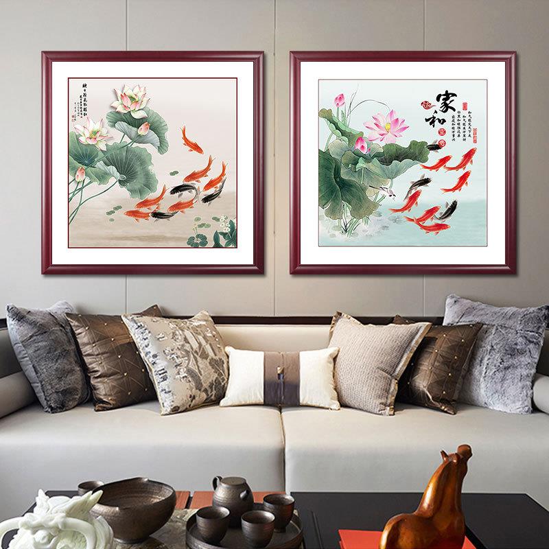 新中式装饰画中国风九鱼图客厅玄关茶室挂画中式家装软装实木墙画