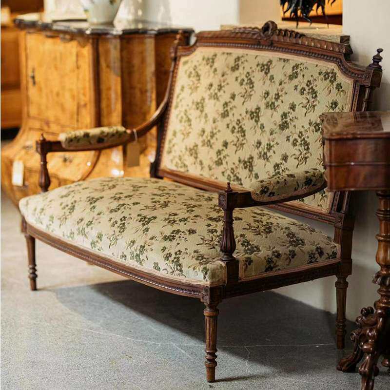 法式复古实木沙发椅中古风雕花双人椅田园风阳台休闲椅