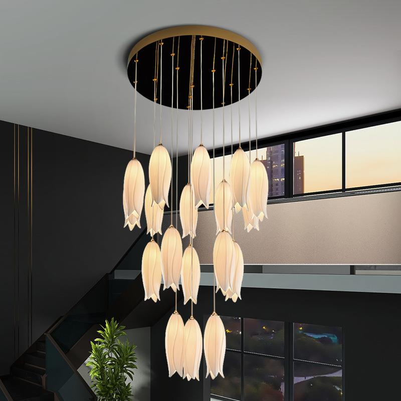 璞艺复式楼楼梯吊灯现代简约中空跃层客厅吊灯创意郁金香陶瓷灯具