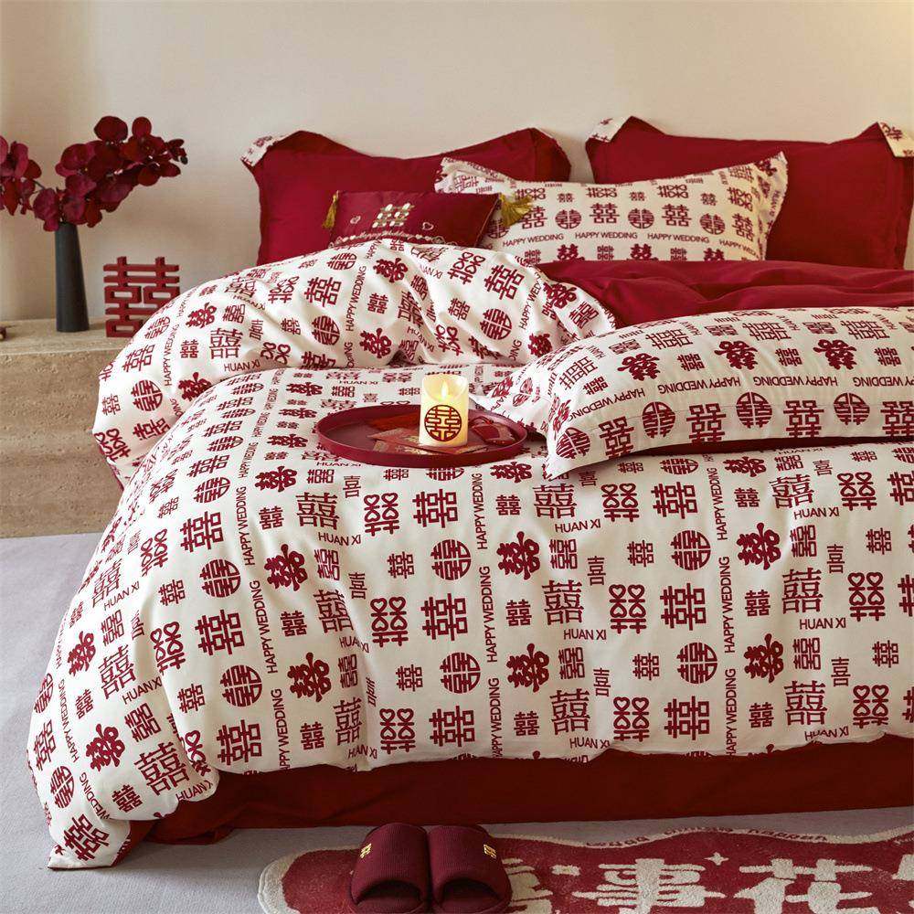 新婚棉数码印花婚庆四件套结婚喜被婚嫁大红色磨毛刺绣被套件柔软