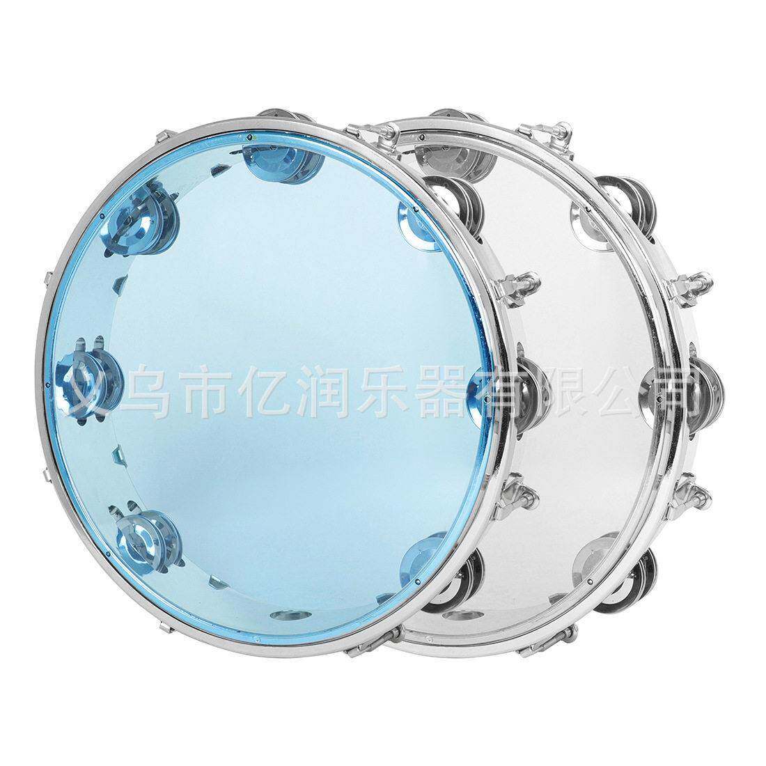 蓝色铃鼓透明中性手拍铃鼓双排手敲鼓自调音10寸手摇铃鼓声音清脆