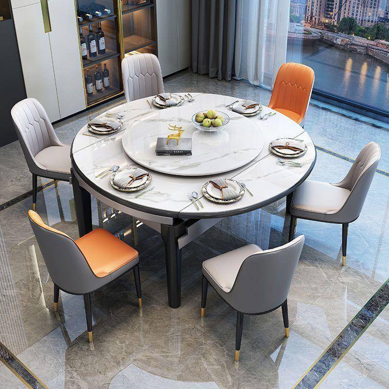 岩板餐桌组合可伸缩方圆两用小户型带转盘餐桌家用圆桌实木吃饭桌