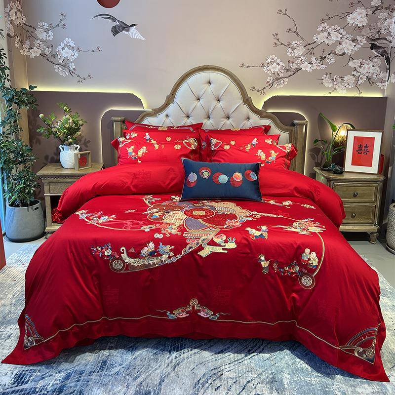 22秋高档婚庆100S贡缎提花刺绣四六十件套大红色结婚幸福床上用品
