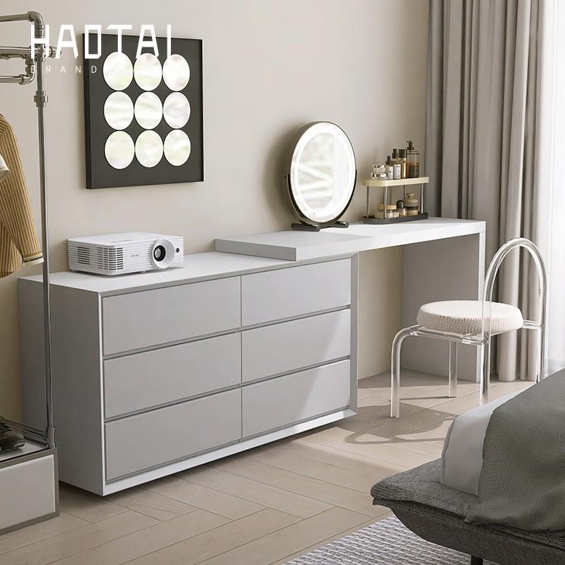 意式极简梳妆台书桌一体伸缩实木卧室电视柜收纳现代烤漆电脑斗柜