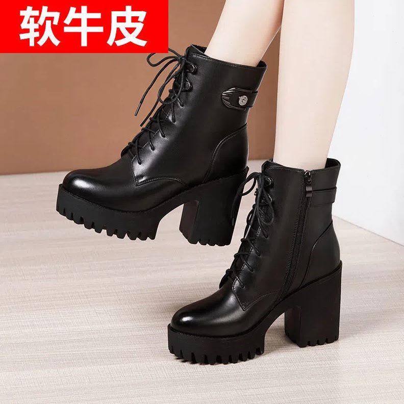 加绒系带休闲中筒高跟2023州秋冬靴新款马丁靴女温厚底软皮防水台