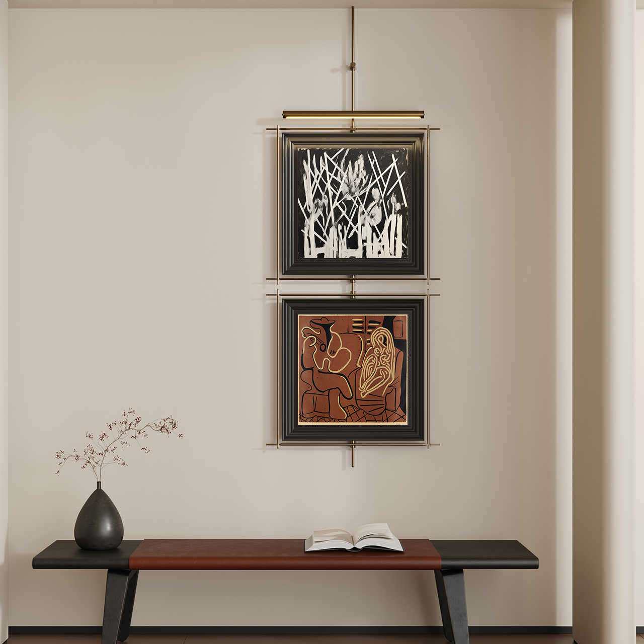 新款设计师灯光挂画现代吊杆装置画卧室别墅样板间客厅金属装饰画
