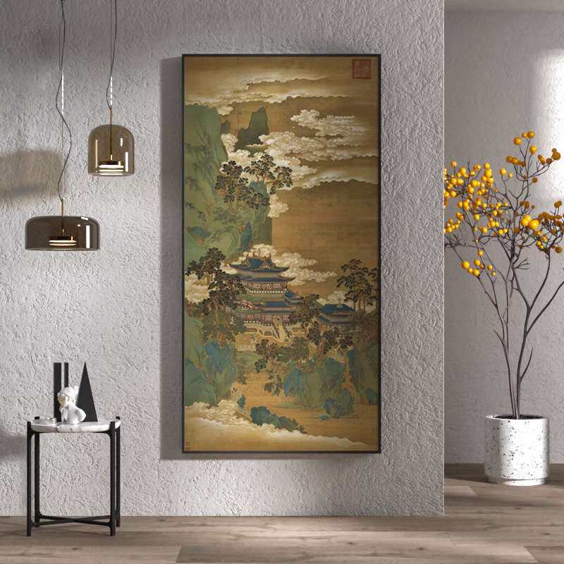 新中式客厅装饰画中国风禅意山水祥云楼阁入户玄关壁画竖版挂画