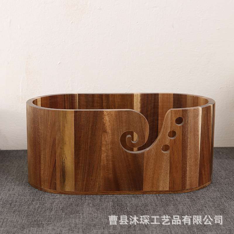 复古木质椭圆毛线碗家用编织毛线收纳盒带孔缝纫机棉线收纳用具