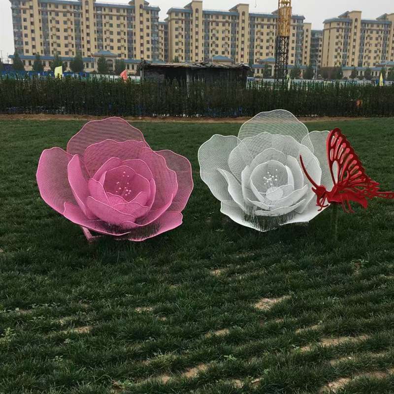 不锈钢镂空花朵雕塑户外装饰小品仿真发光玫瑰花植物迎宾落地摆件