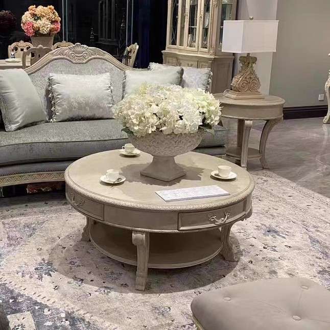 北美ART复兴印记复古做旧客厅圆茶几欧式家具轻奢实木雕花咖啡桌