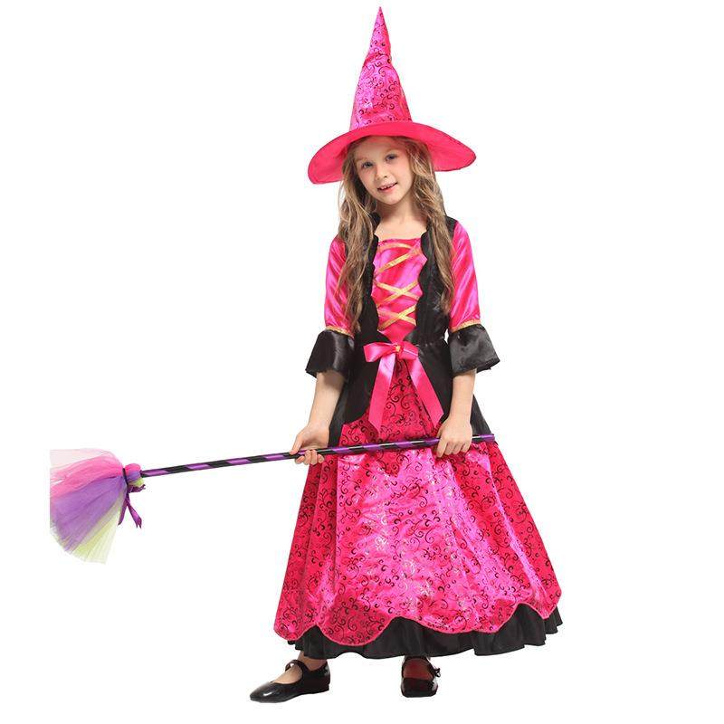 儿童万圣节演出服装化装舞会cosplay女童桃红俏丽小女巫婆服装
