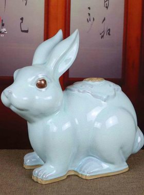 禹州神后钧瓷花瓶家居卧室生肖白兔陶瓷器动物装饰品摆件招财兔子