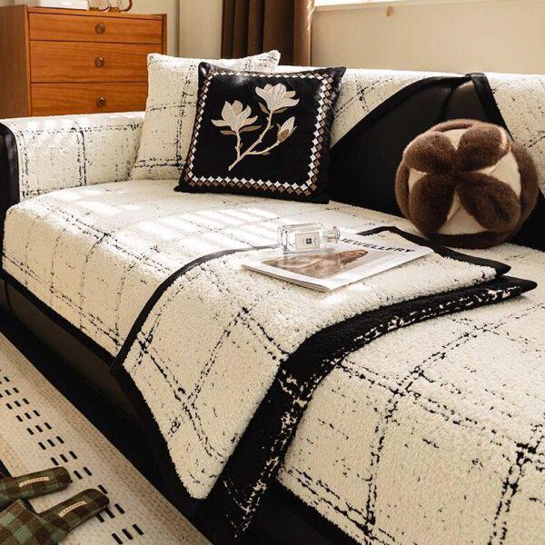 格子感沙发复古皮沙发直排盖沙发垫毛绒坐垫防滑高级冬季古风巾中