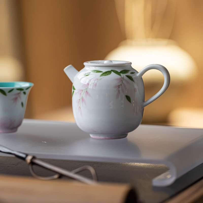 皓澜松石绿茶壶纯手绘紫藤花泡茶壶陶瓷家用防烫带过滤孔冲茶器