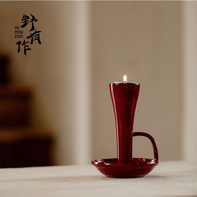 野有作复古烛台猪梦红陶瓷老式酥油灯茶道配件茶空间氛围蜡烛灯照