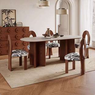 丹梵斯法式餐桌家用小户型岩板餐桌椅组合椭圆形饭桌实木洞石餐桌